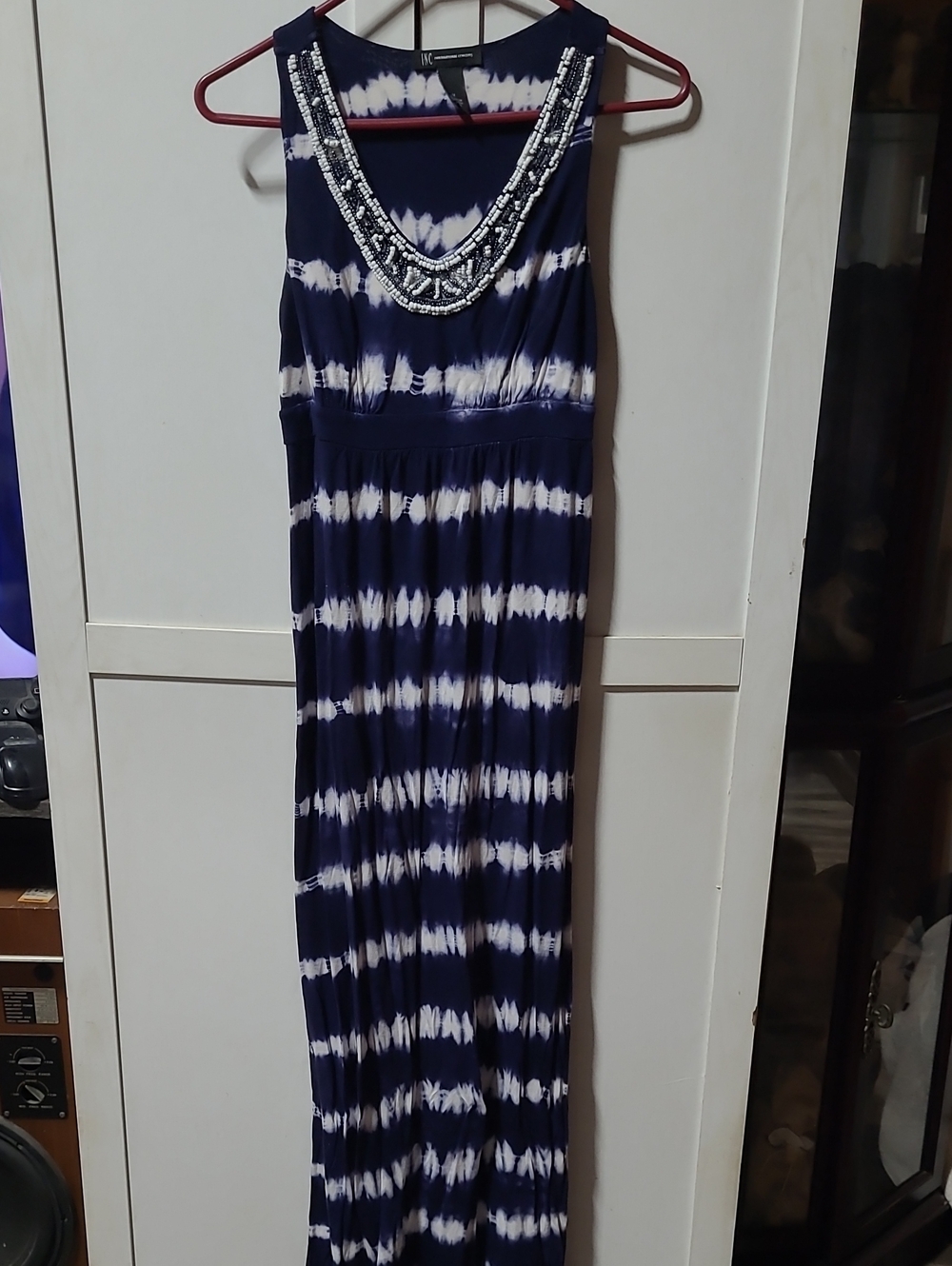 Sleeveless Navy and White Tie-Dye Maxi Dress with Beaded Neckline